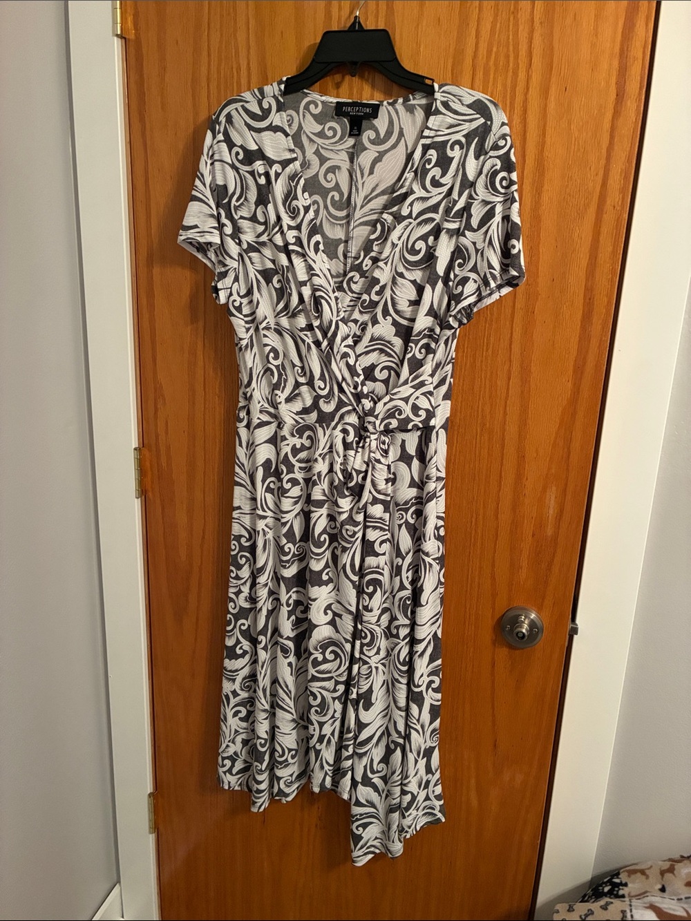 Perceptions Black and White Swirl Wrap Midi Dress